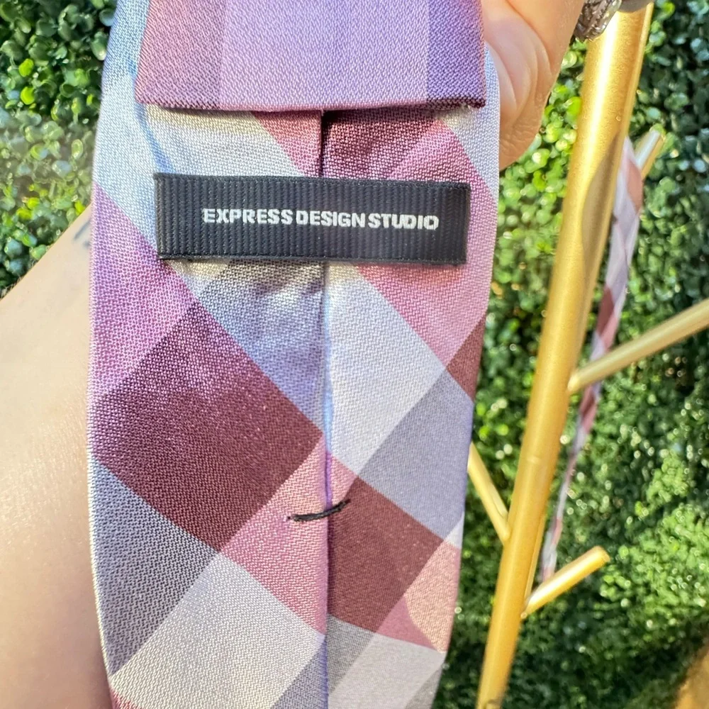 Express Tie Silk Blend Gray Red Pink Stripe Plaid Necktie Mens